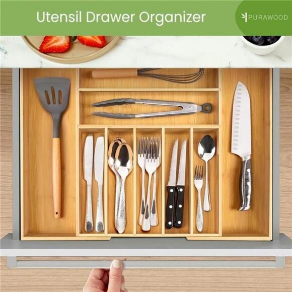 Expandable Bamboo Drawer Organizer Utensil Silverware Flatware Tray - Picture 5 of 6
